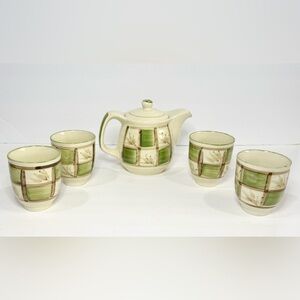 Girasol Ceramic Japanese Tea Set By CIB Sage Green Flora Teapot And 4 Cups